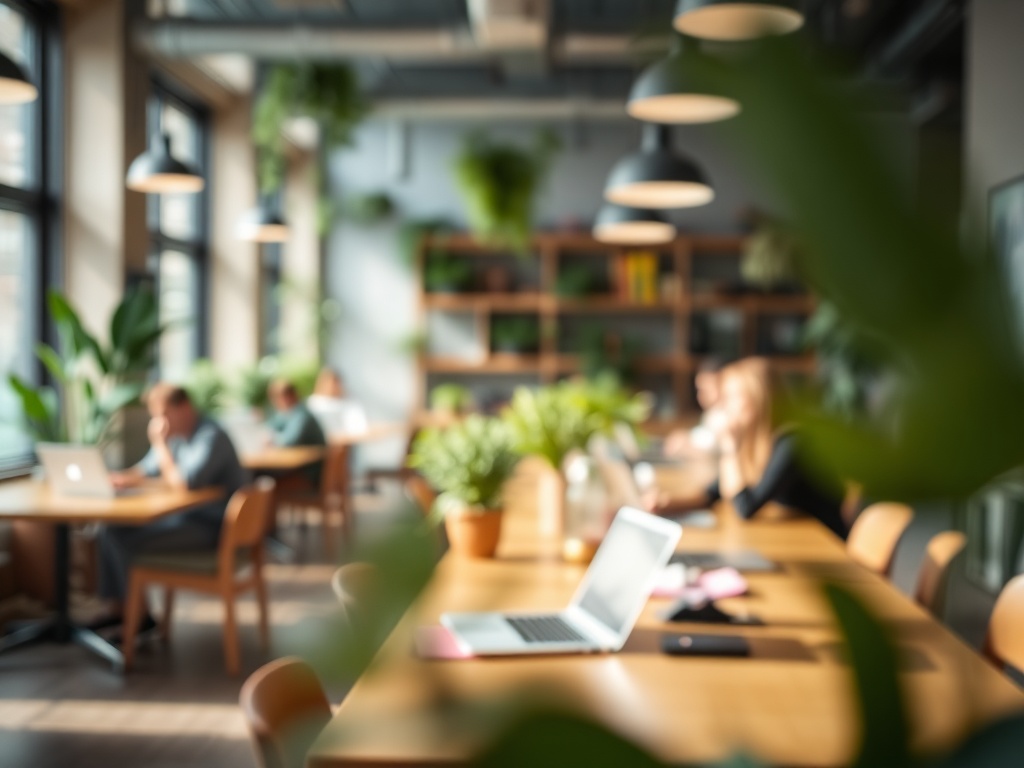 Blurred image of a modern coworking space, people working on laptops, plants, wooden tables, depth of field, natural light, cinematic, 8k.