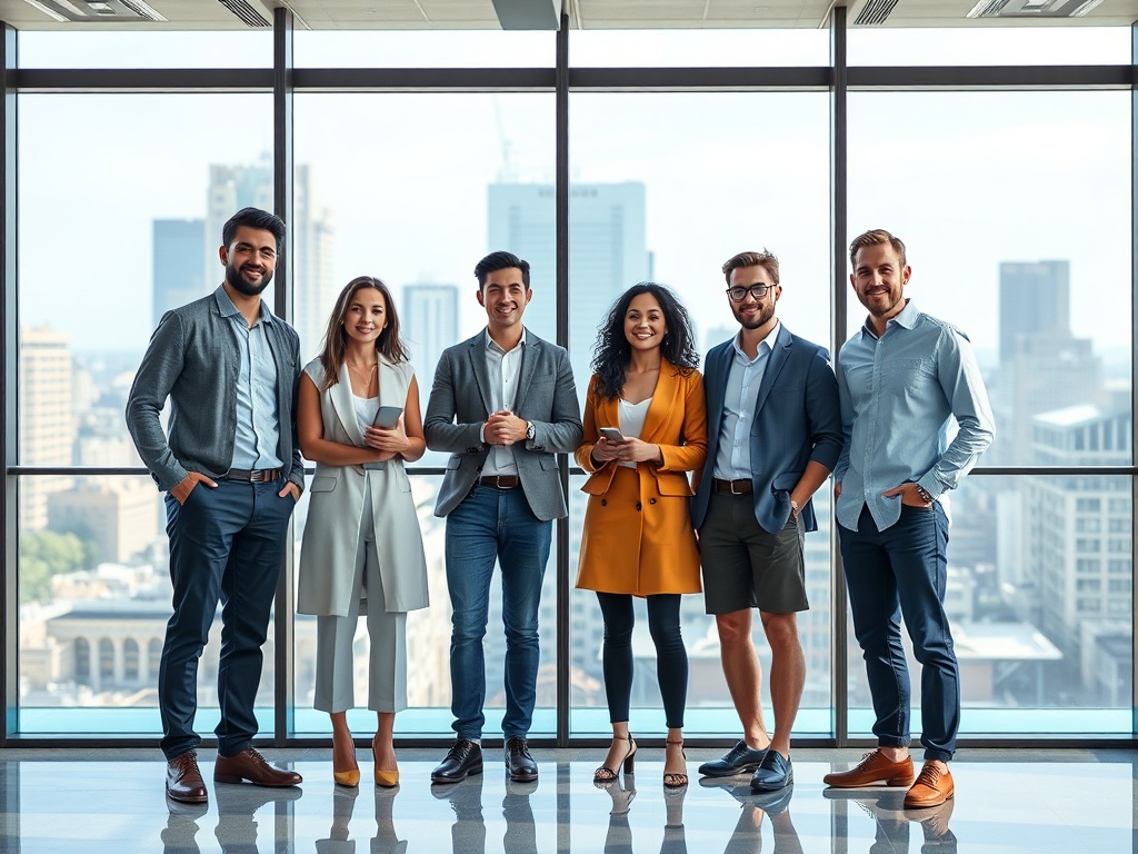 Diverse team of four standing casually in a modern glass boardroom, large windows with city view, natural light, one person gesturing, professional yet relaxed attire, photorealistic 8k.