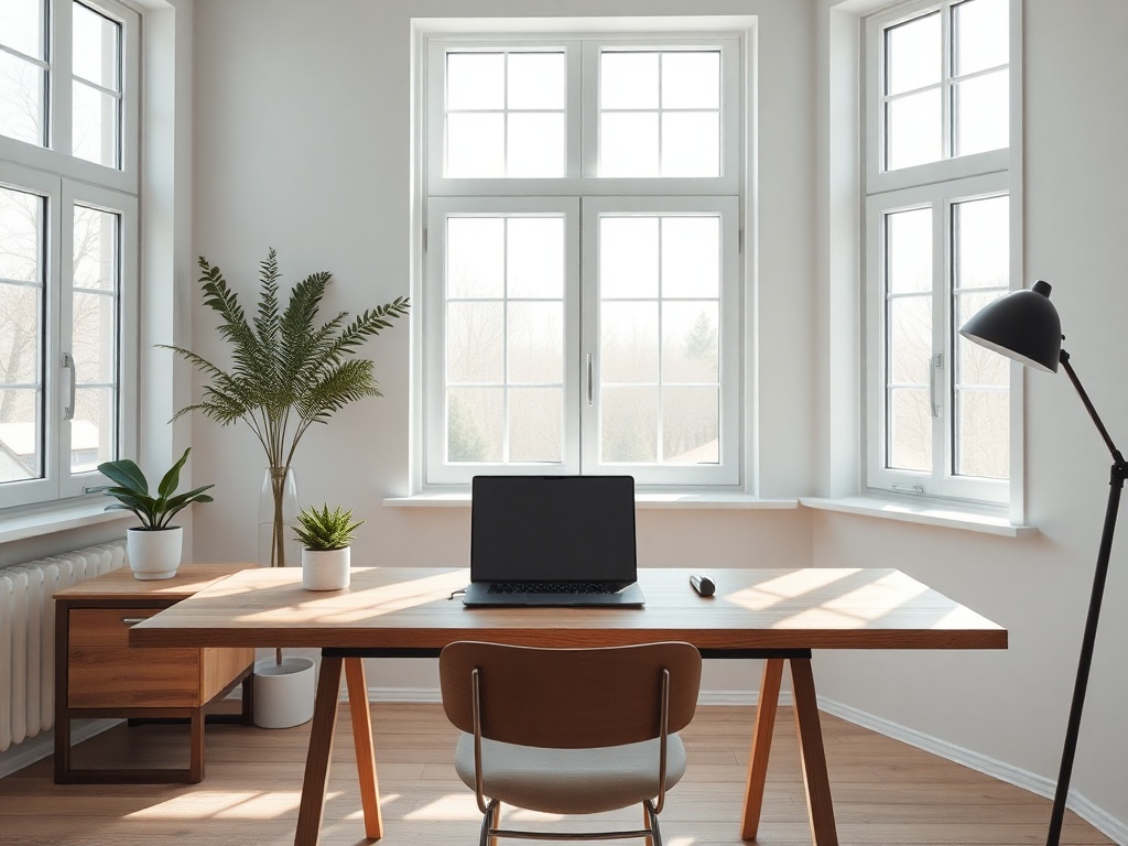 Cinematic wide shot of a minimalist Scandinavian workspace, natural light pouring through large windows, wooden desk with a laptop and a single succulent, clean lines, soft shadows, 8k photorealistic commercial photography.
