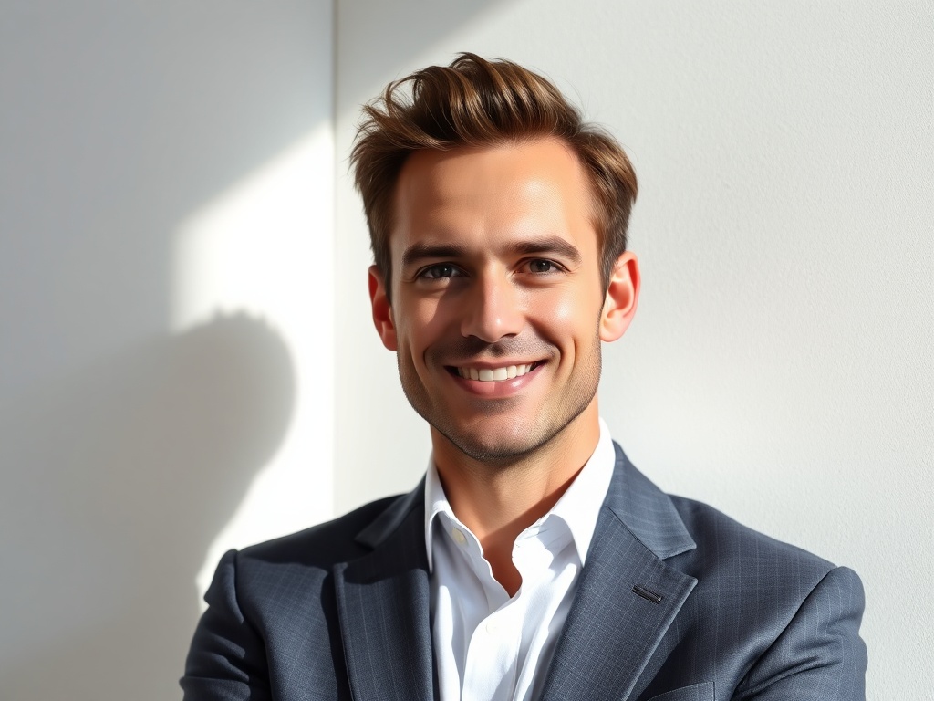 Male portrait, late 30s, sharp suit, leaning against a white wall with soft shadow, confident smile, professional headshot style, 8k photorealistic.