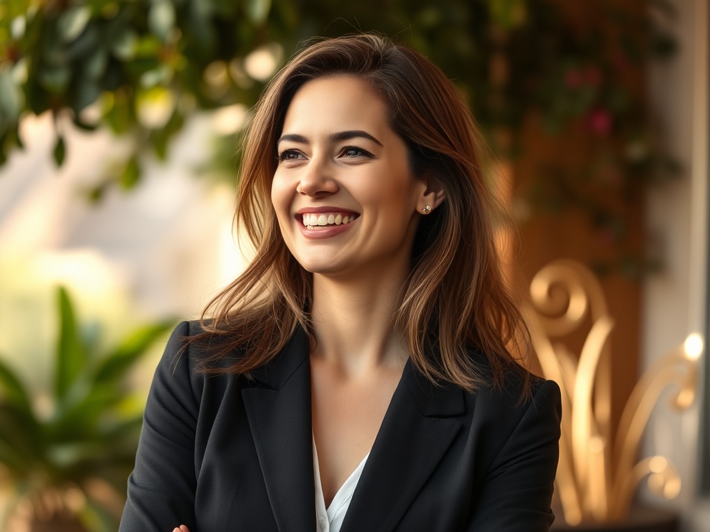 Female portrait, early 30s, smart casual blazer, natural hair, laughing gently, blurred botanical background, warm lighting, 8k commercial.