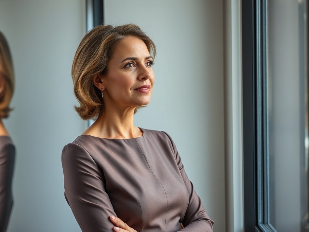Female executive portrait, 40s, elegant dress, standing by a window, natural light on face, thoughtful expression, minimalist setting, 8k.