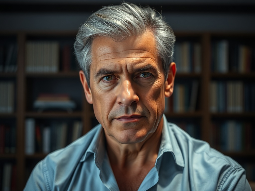 Male executive portrait, 50s, grey hair, open-collar shirt, intense but approachable gaze, office background with bookshelves, moody lighting, 8k.